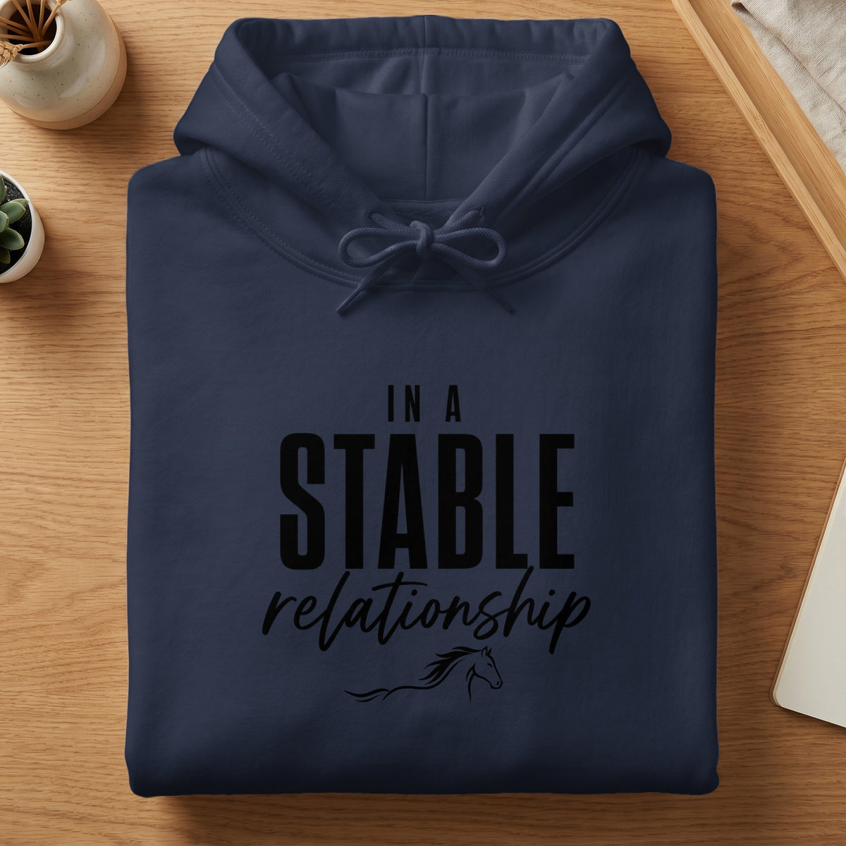 Navy hoodie with "In a Stable Relationship" text and horse graphic.