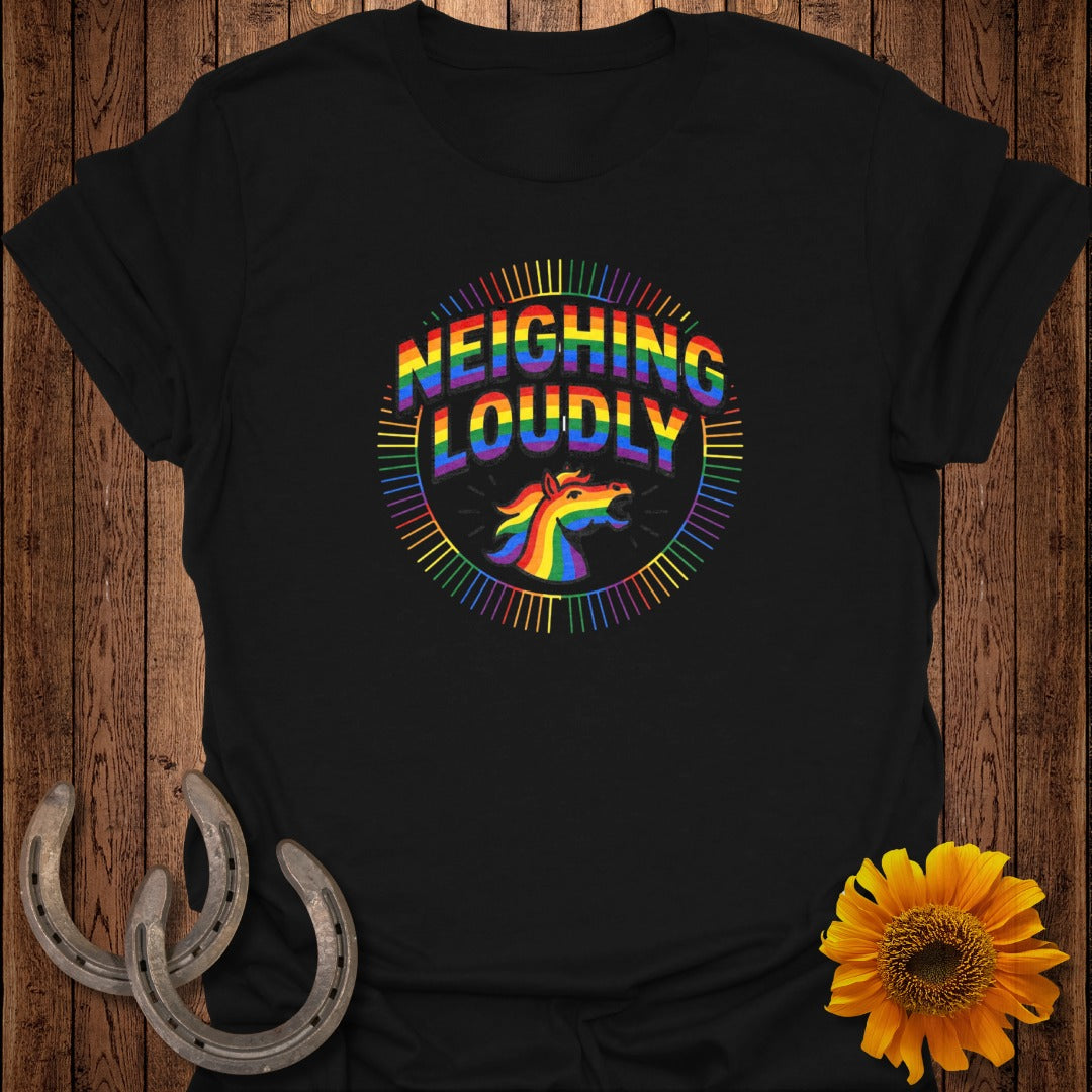Black t-shirt with rainbow unicorn graphic and text "Neighing Loudly".