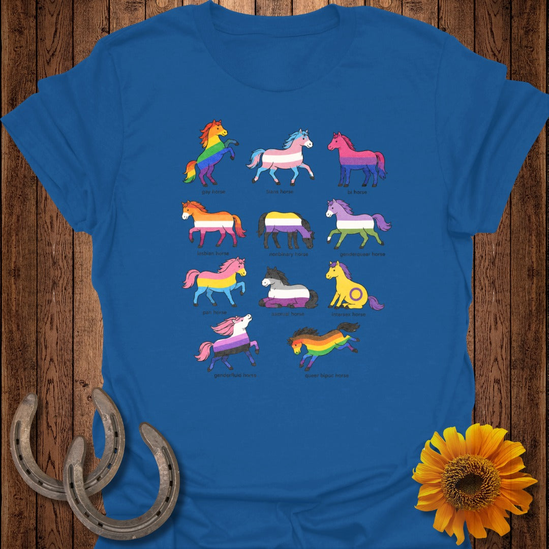 Pride flag colors illustrate ten horse breeds with text labels.