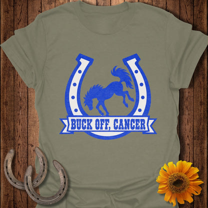 Olive green t-shirt with blue horseshoe graphic, bucking horse, and "BUCK OFF, CANCER" text.