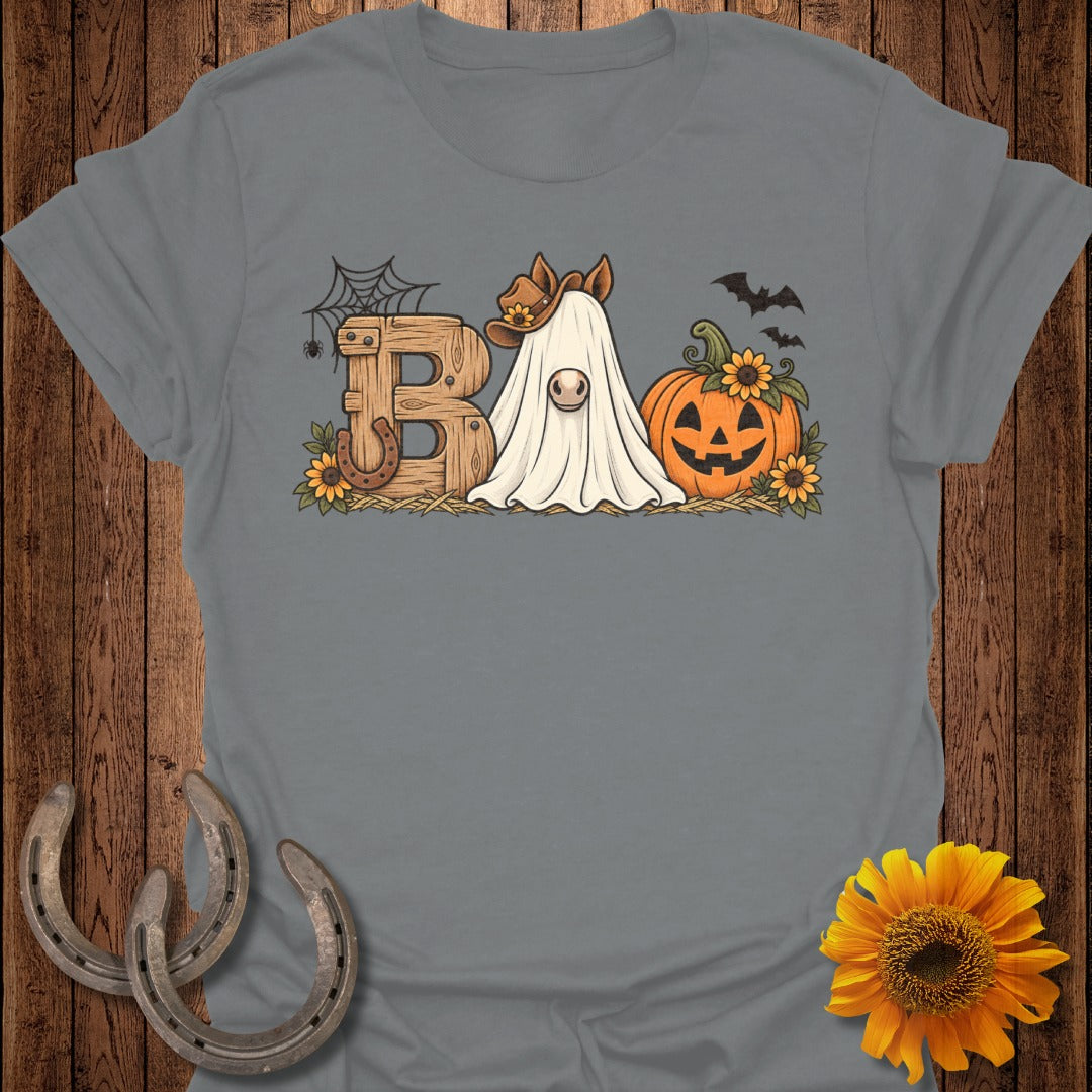 "Boo" Halloween graphic with a ghost horse, pumpkin, and horseshoe on a grey t-shirt.