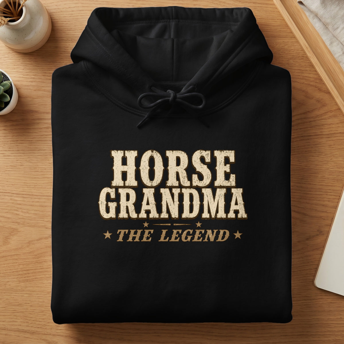 Black hoodie with "HORSE GRANDMA THE LEGEND" text.