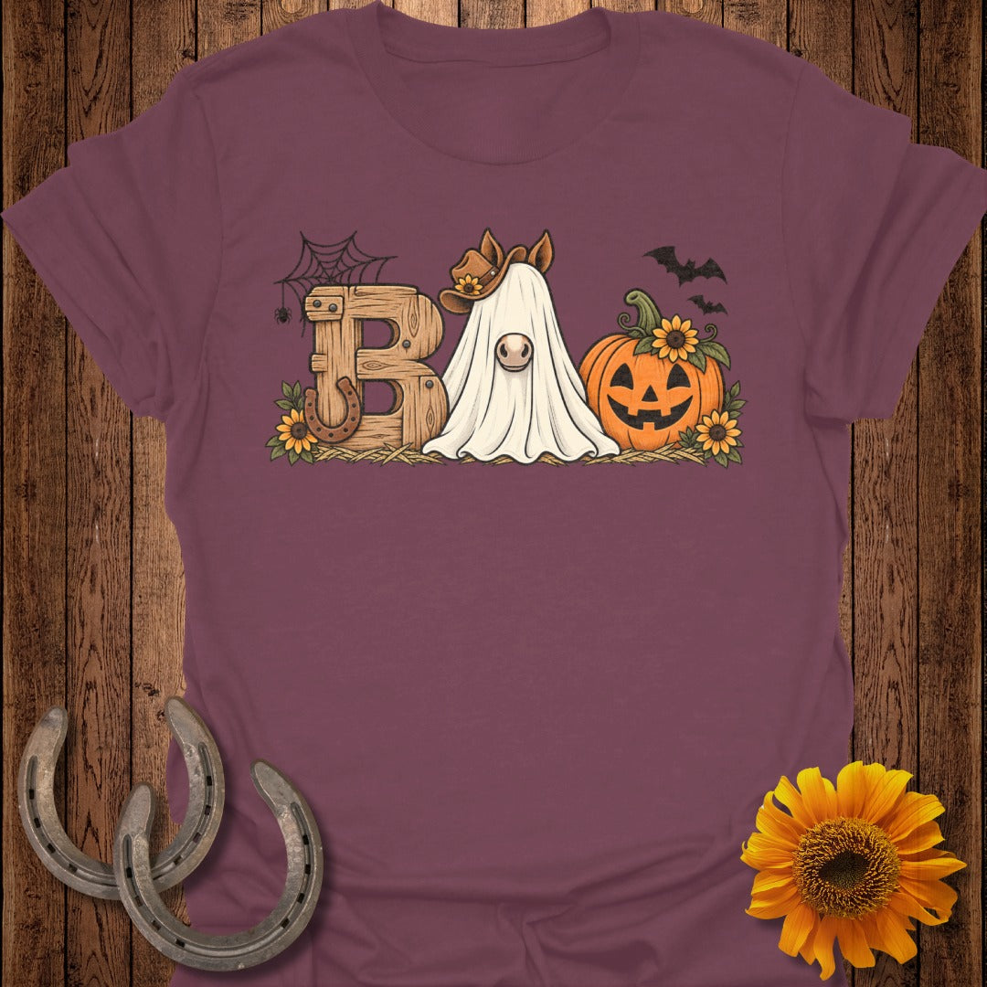 Horse ghost wearing cowboy hat with "BOO" text, pumpkin, and sunflowers.