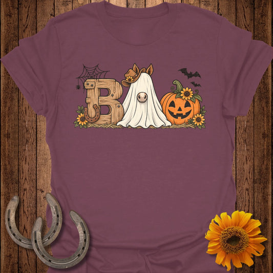 Horse ghost wearing cowboy hat with "BOO" text, pumpkin, and sunflowers.