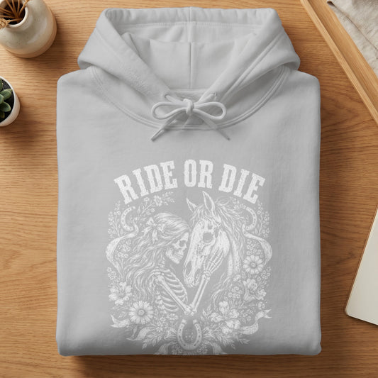 Gray hoodie with "RIDE OR DIE" text and skeleton with horse graphic.