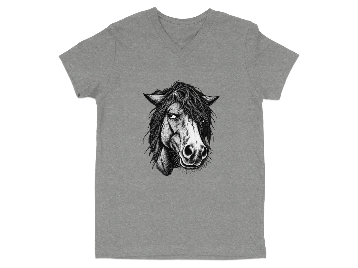 Black and white drawing of a horse's head on a grey v-neck t-shirt.