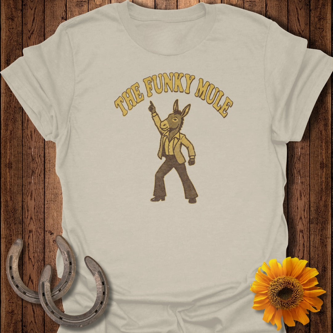 T-shirt graphic with "The Funky Mule" text and a cartoon mule dancing.