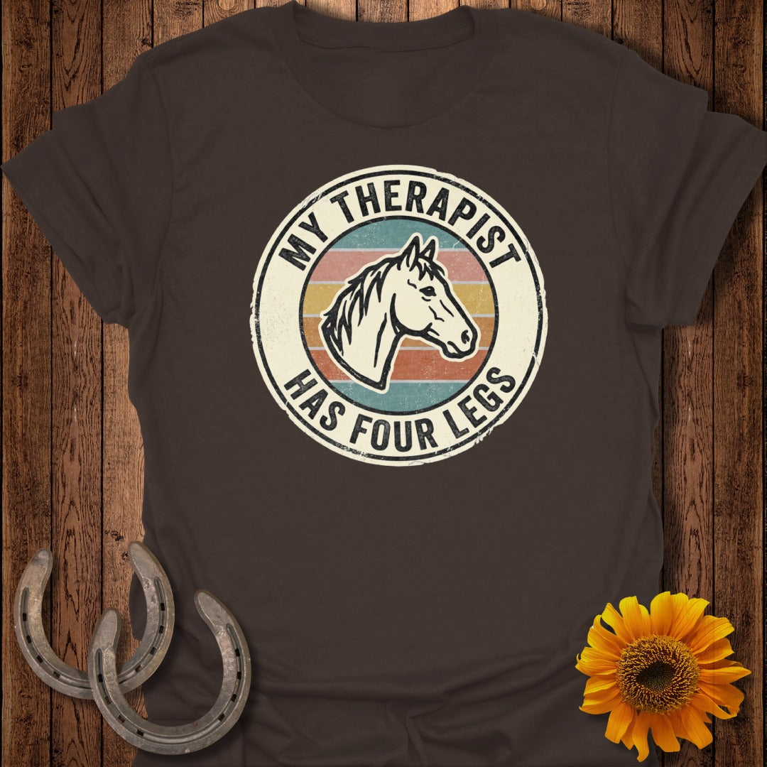 Brown t-shirt with horse head and text "My Therapist Has Four Legs".