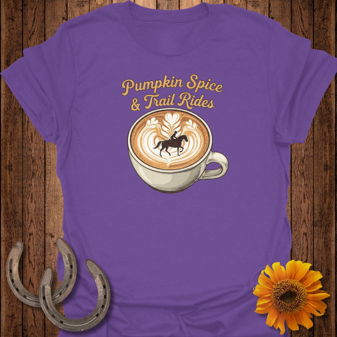 Purple t-shirt with "Pumpkin Spice & Trail Rides" text above a coffee cup with latte art.