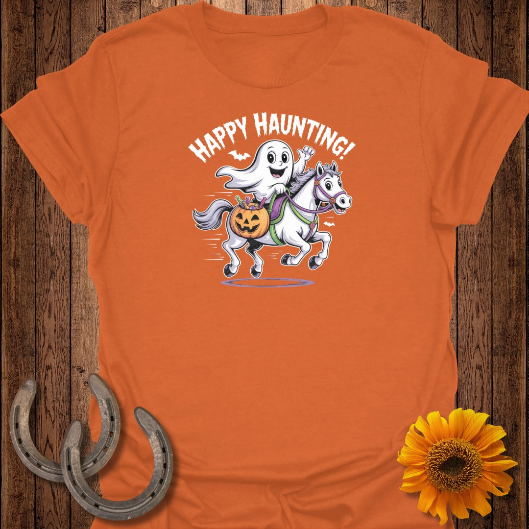 Ghost riding a horse with pumpkin basket, text "Happy Haunting!"