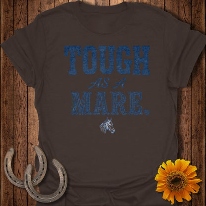 Brown t-shirt with "TOUGH AS A MARE" text and horse graphic, with horseshoes and sunflower.