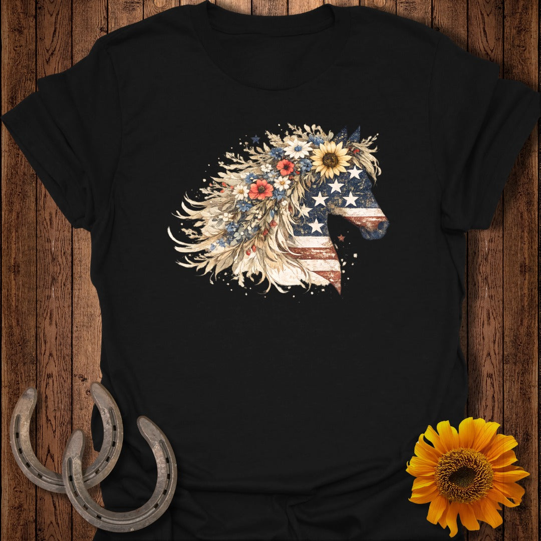 Black t-shirt featuring a horse silhouette filled with American flag and floral design.