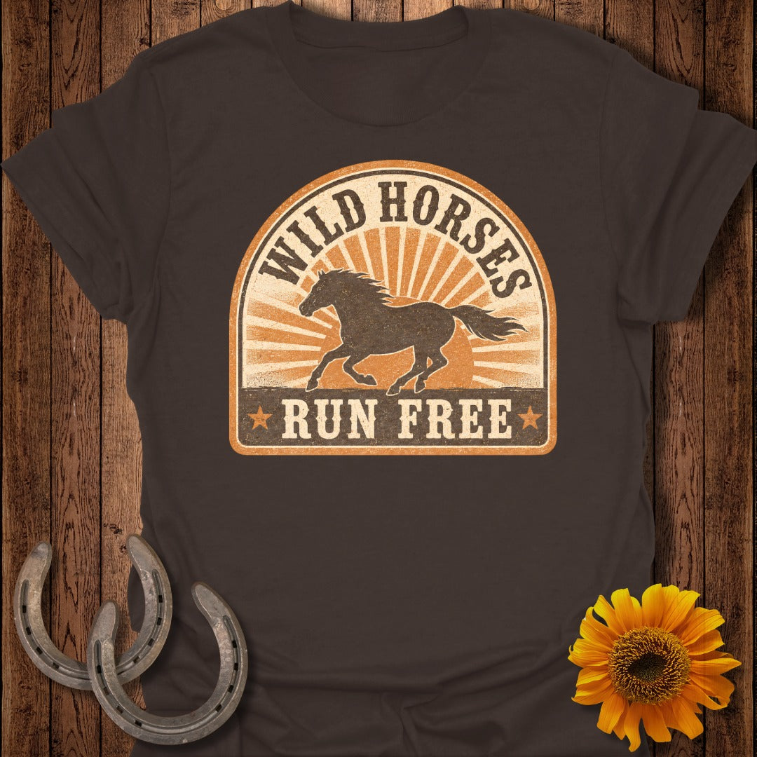 Brown t-shirt with graphic of running horse and text "WILD HORSES RUN FREE".