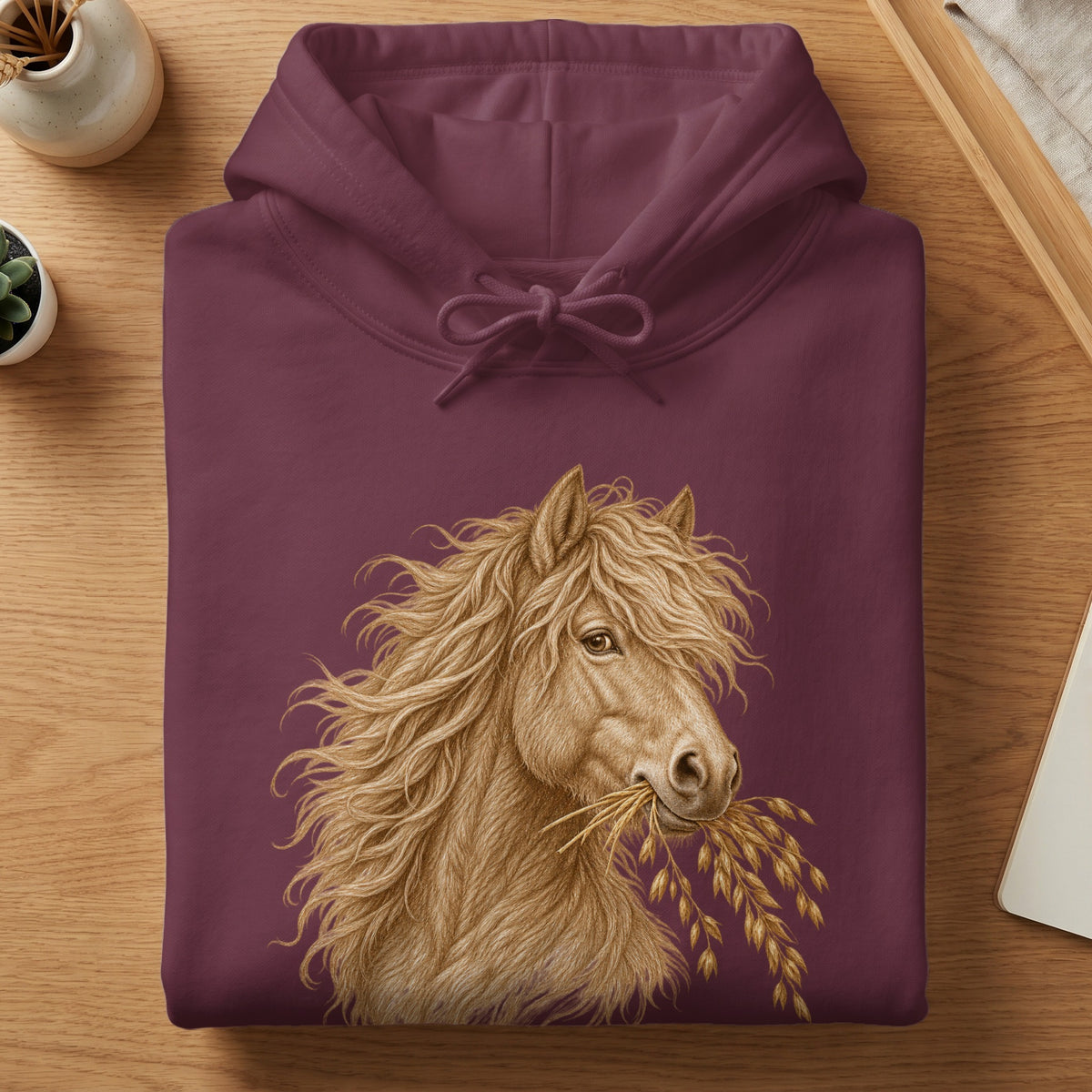A folded maroon hoodie with a detailed illustration of a horse holding wheat in its mouth.