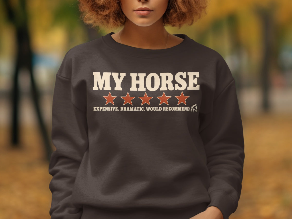 Dark grey sweatshirt with "MY HORSE" and five star rating.