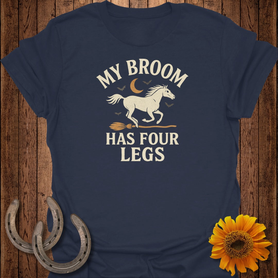 Navy t-shirt with "MY BROOM HAS FOUR LEGS" and a galloping horse on a broomstick.