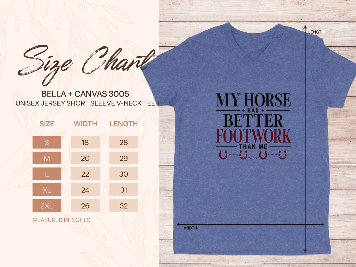 Blue v-neck tee with "My Horse Has Better Footwork Than Me" text and size chart.