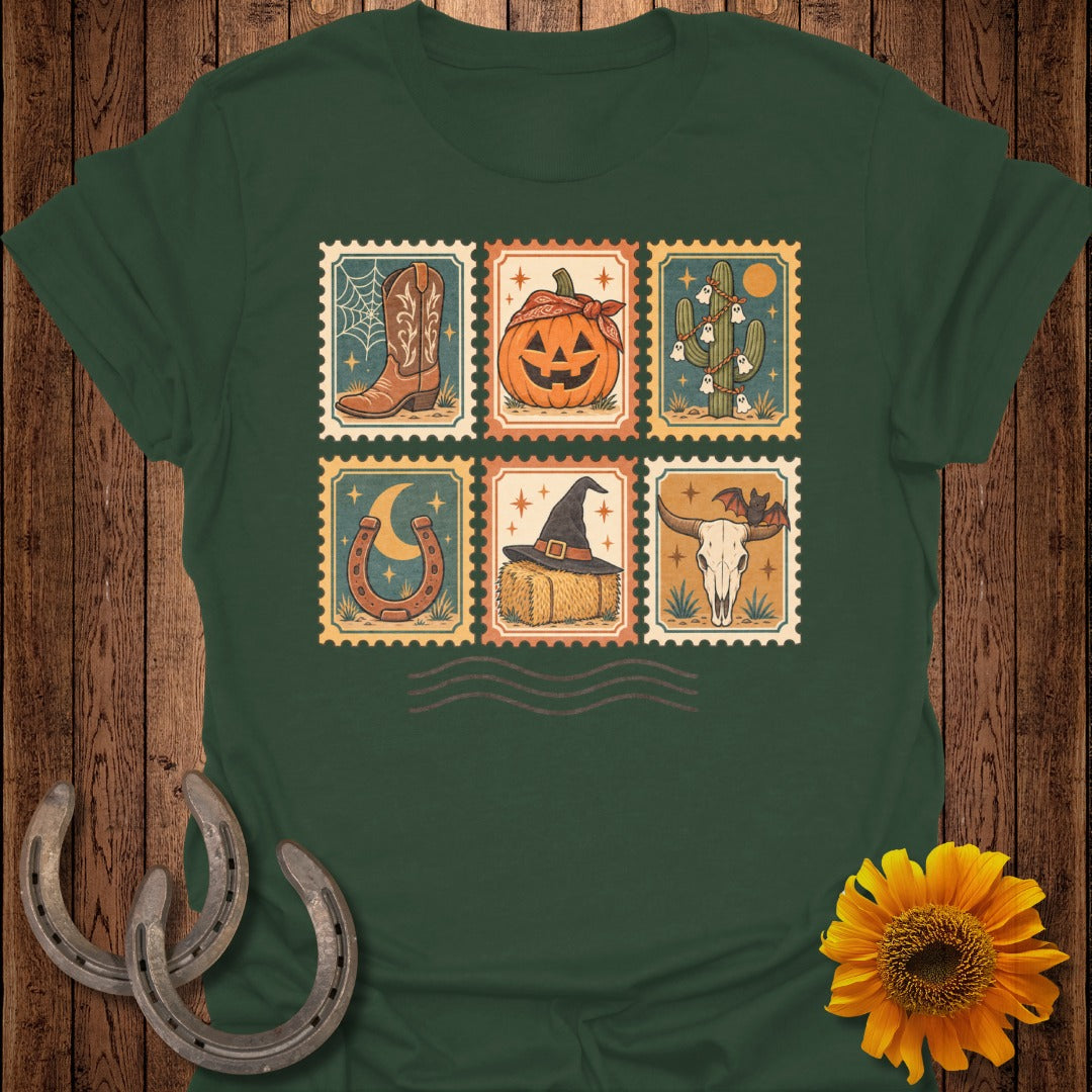 T-shirt with six postage stamps featuring a cowboy boot, pumpkin, cactus, horseshoe, witch hat, and bull skull.