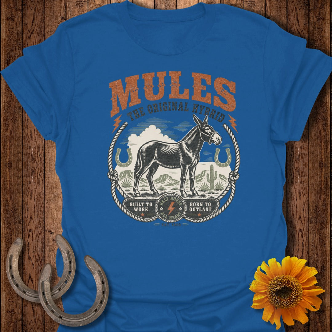 Blue t-shirt with graphic of a mule, horseshoes, and text "MULES THE ORIGINAL HYBRID".