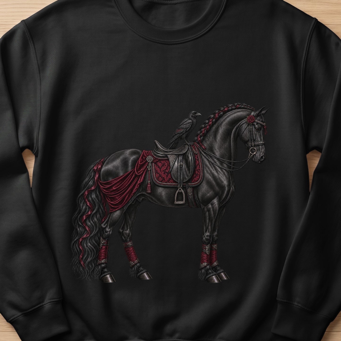 Black sweatshirt with embroidered black horse, raven, and ornate red saddle accents.