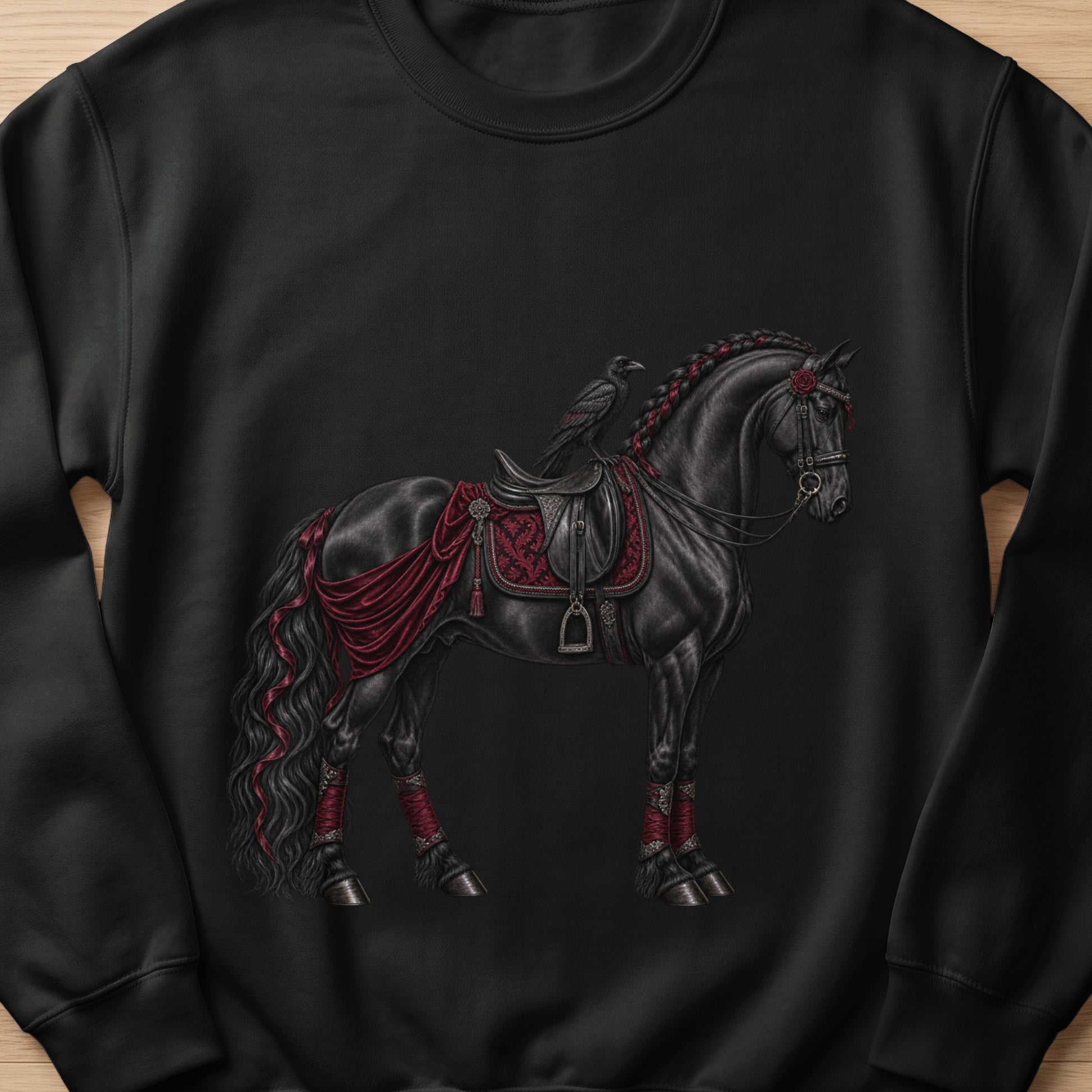 Black sweatshirt with embroidered black horse, raven, and ornate red saddle accents.