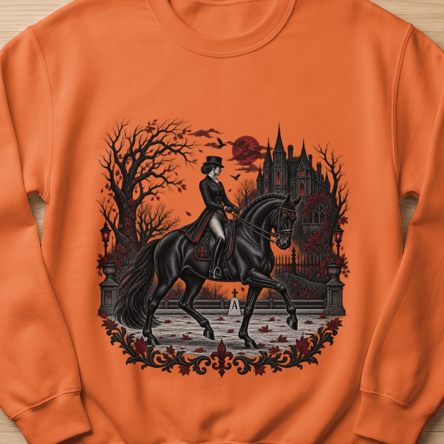 Woman in a top hat riding a black horse before a gothic castle under a red moon.