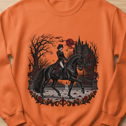 Woman in a top hat riding a black horse before a gothic castle under a red moon.