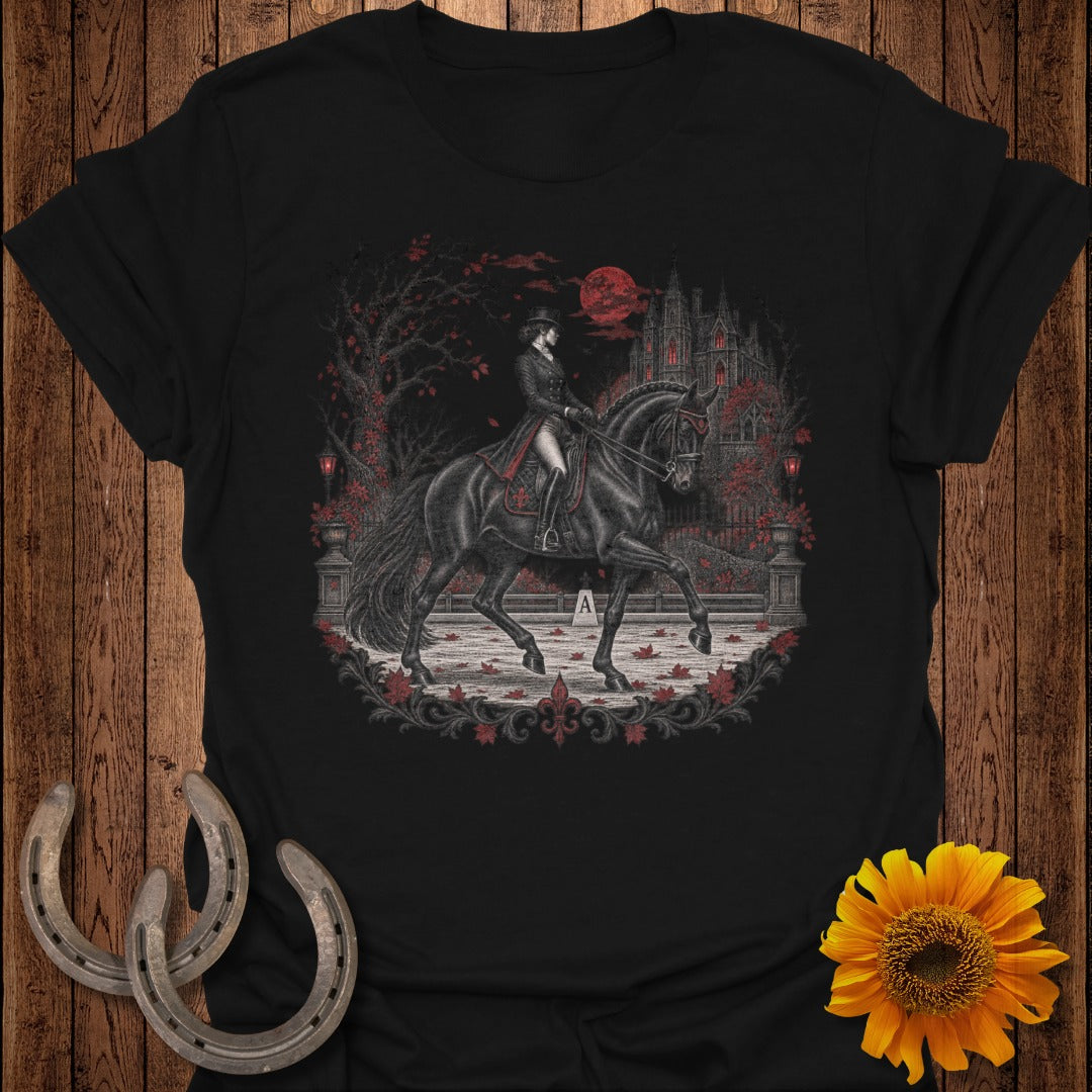 Rider on horseback in front of gothic castle under a red moon.