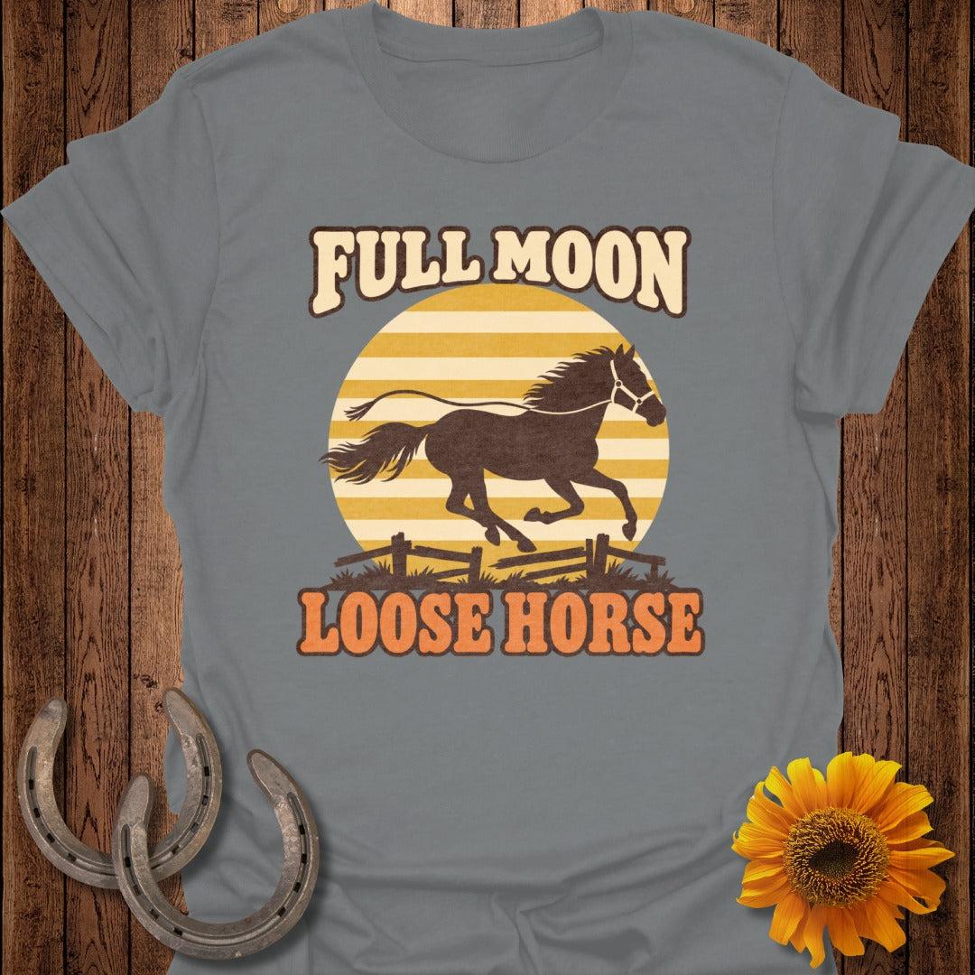 Silhouette of a running horse and "Full Moon Loose Horse" text on a gray shirt.