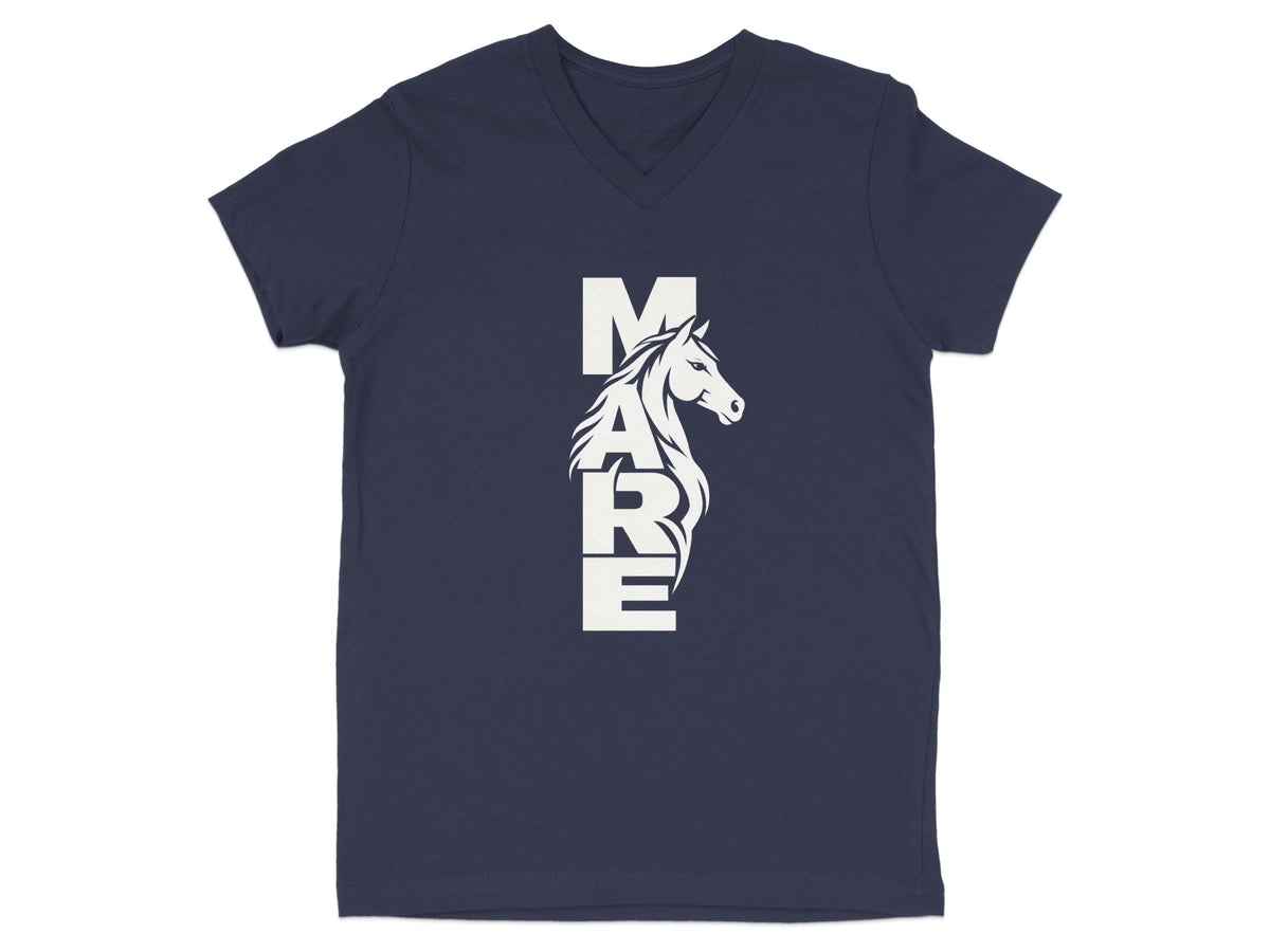 A navy blue V-neck t-shirt with a white vertical graphic that spells "MARE" featuring a horse head.