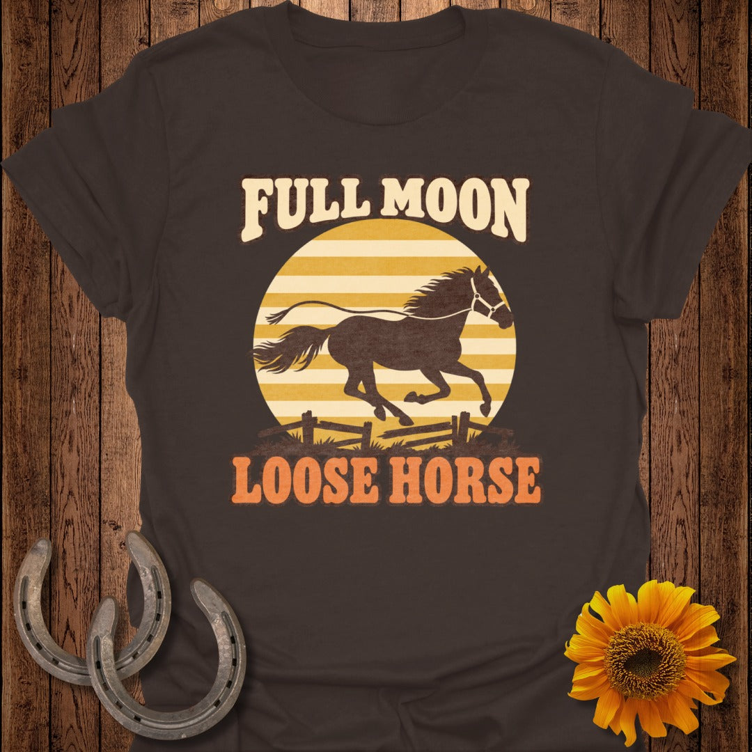 Brown shirt with silhouette of a running horse, full moon, and text "FULL MOON LOOSE HORSE".