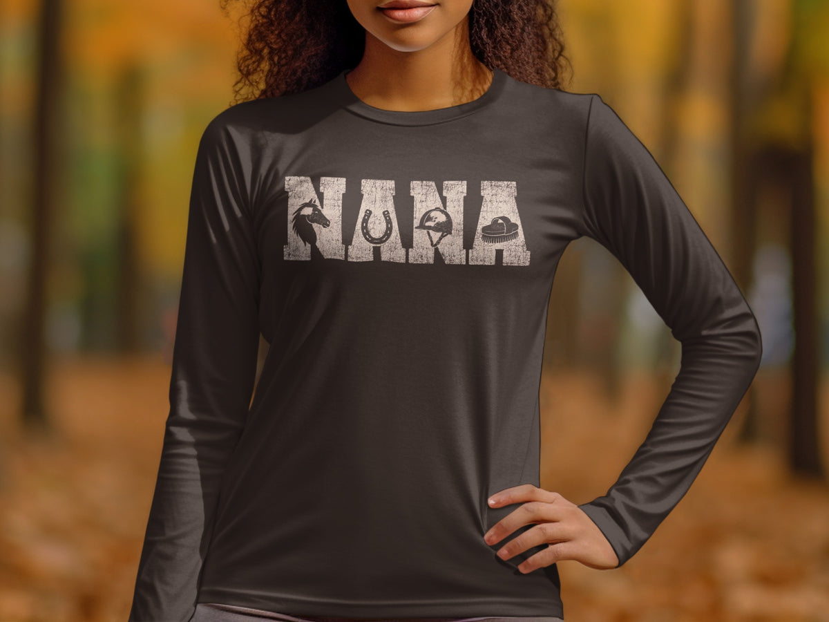 Dark gray long sleeve shirt with "NANA" in distressed white letters featuring horse, horseshoe, helmet, and brush icons.