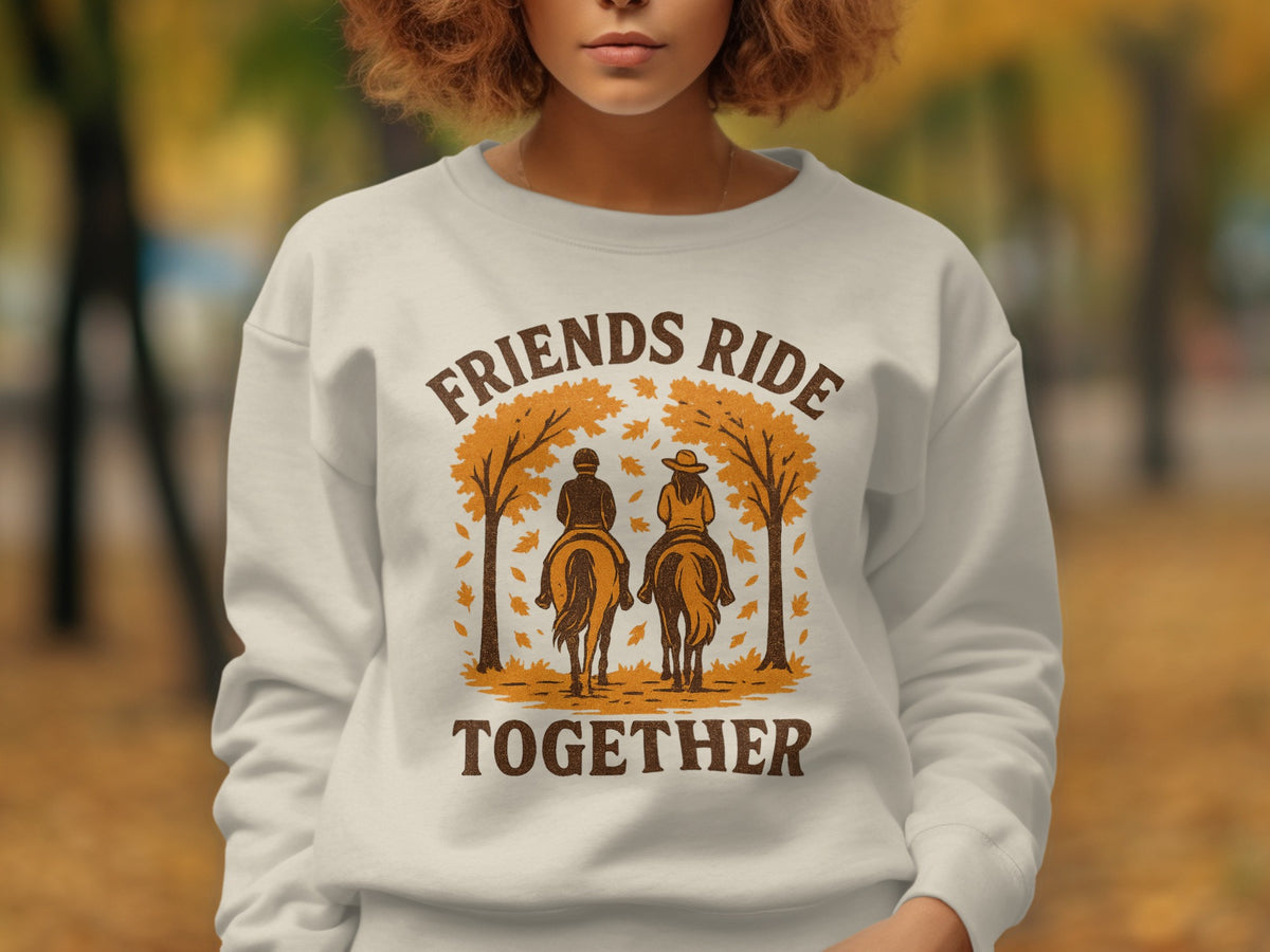 White sweatshirt with "Friends Ride Together" text and two riders on horses graphic.