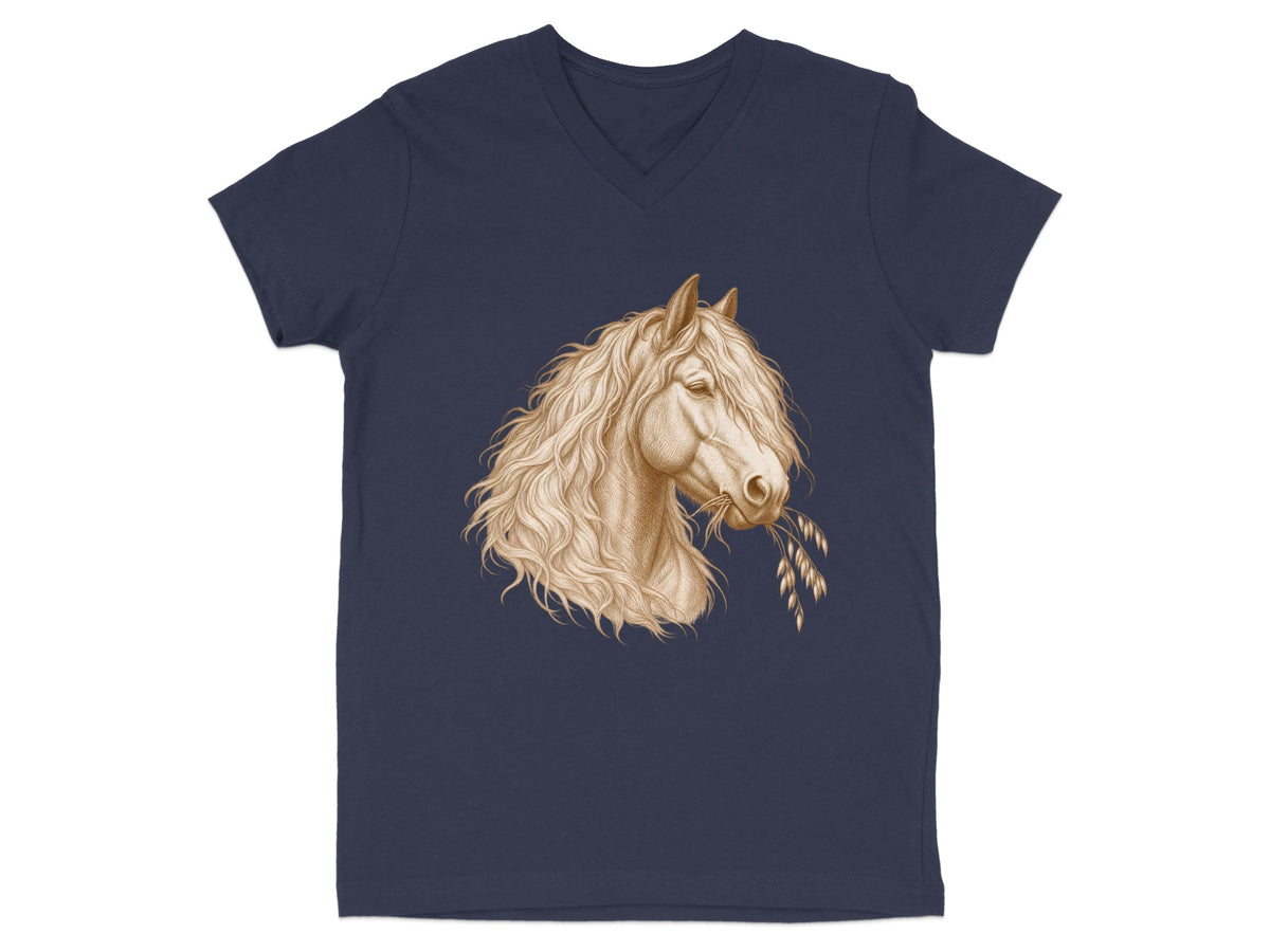 Dark blue v-neck t-shirt with a detailed drawing of a horse's head eating oats.