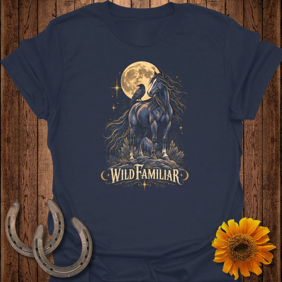 Dark horse with raven under moon, text "WILD FAMILIAR" on navy t-shirt.