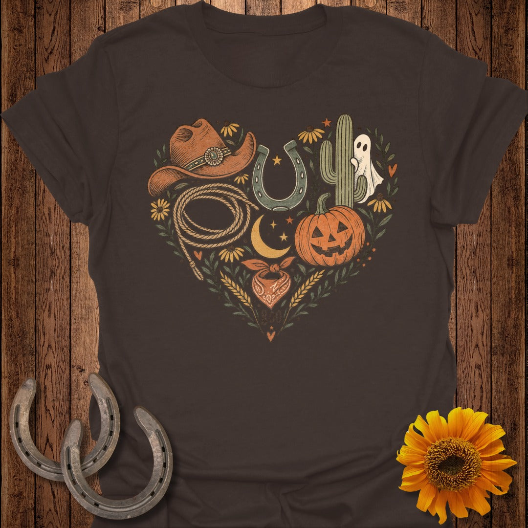 Heart-shaped Western and Halloween graphic on a dark brown t-shirt.