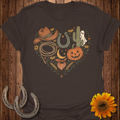 Heart-shaped Western and Halloween graphic on a dark brown t-shirt.