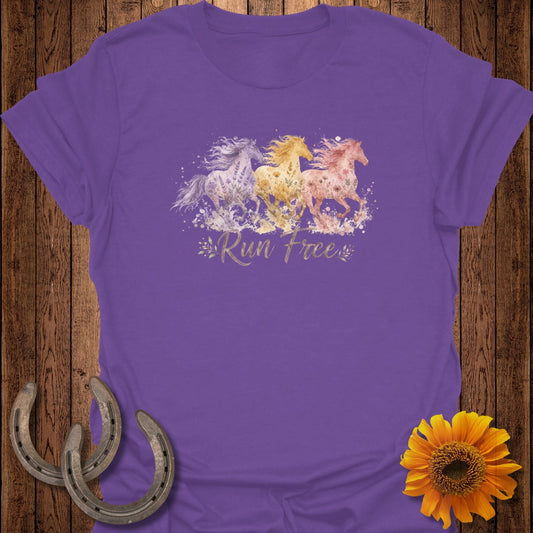 Purple t-shirt with watercolor horses and "Run Free" text.