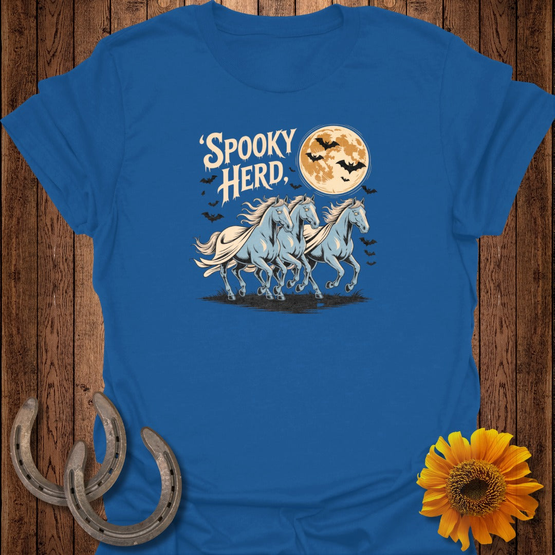Blue t-shirt with "Spooky Herd" text, three horses running, full moon, and bats.