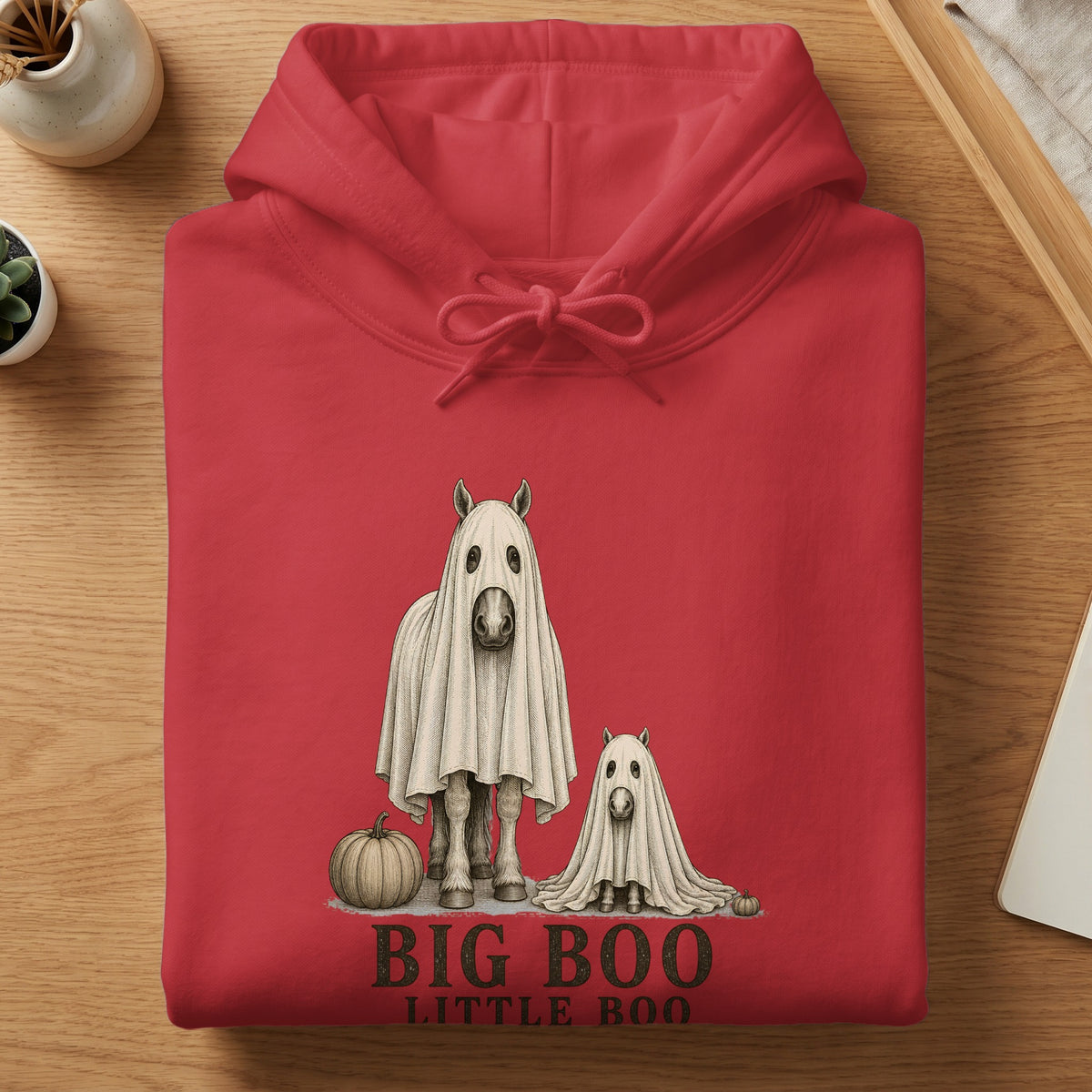 Red hoodie with two horses dressed as ghosts and "BIG BOO LITTLE BOO" text.