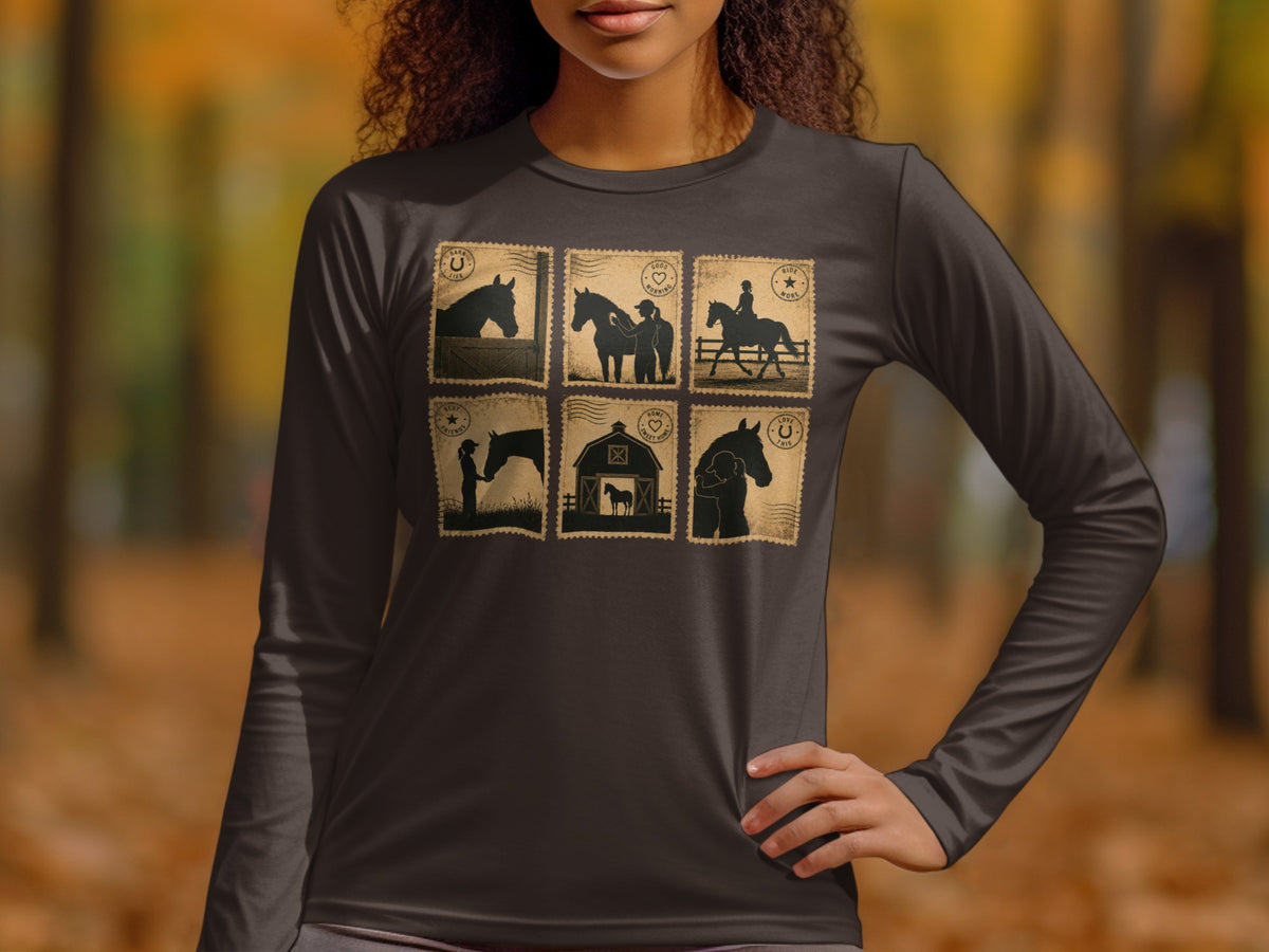 Long sleeve shirt with six horse-themed postage stamp graphics.