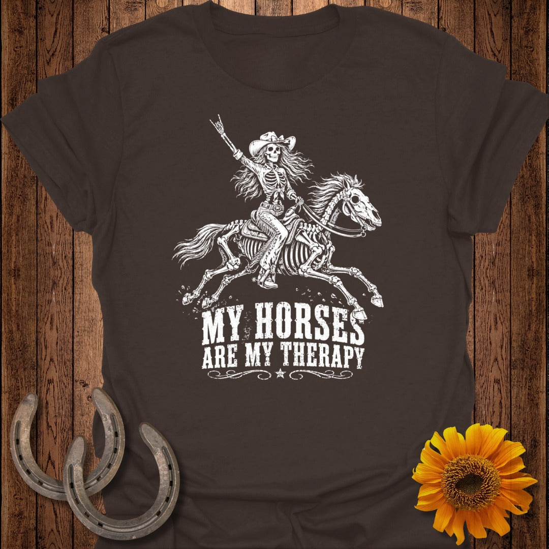 Skeleton riding a horse with text "MY HORSES ARE MY THERAPY".