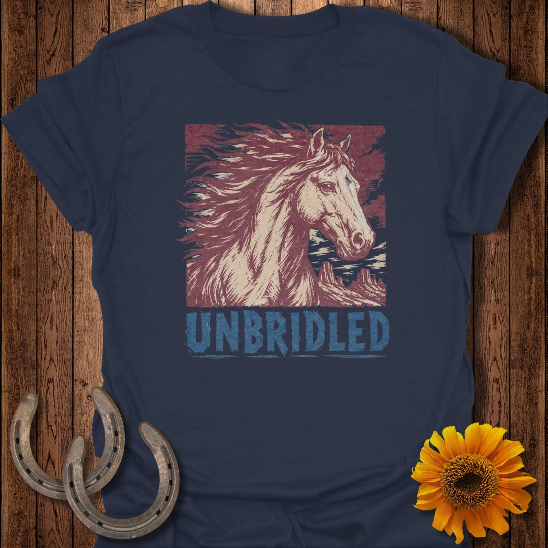 Navy t-shirt with a distressed graphic of a galloping horse and the text "UNBRIDLED".