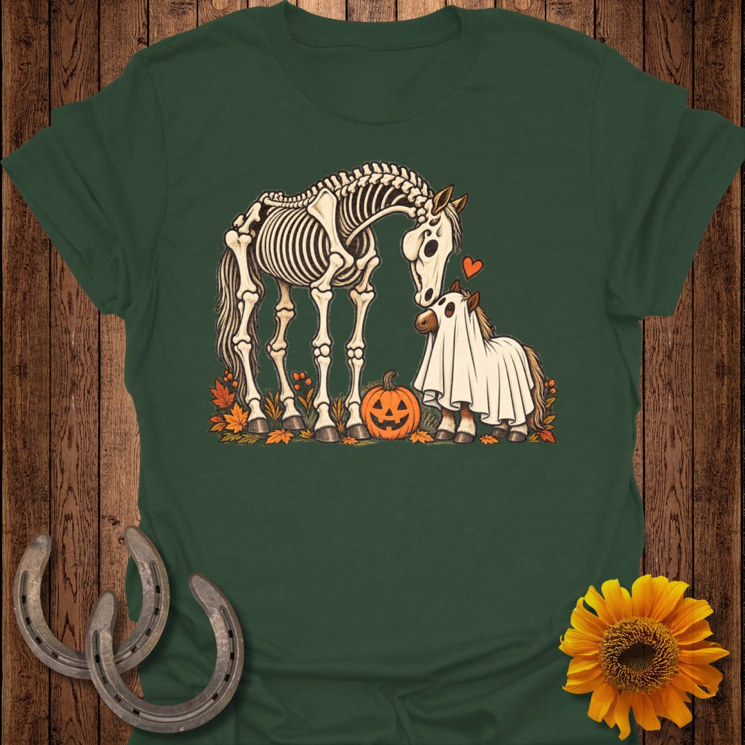 Skeleton and ghost horses with pumpkin and autumn leaves.