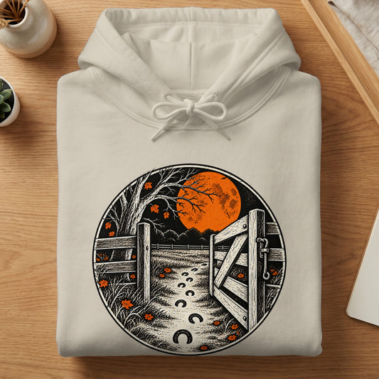 Cream hoodie with a circular graphic of a gate, moon, and horseshoe prints.