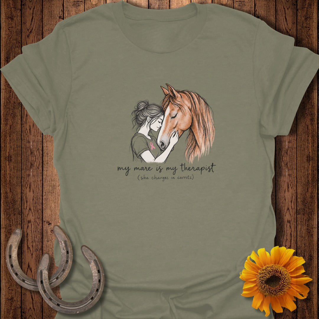 Woman embracing horse with text "my mare is my therapist (she charges in carrots)".