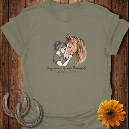 Woman embracing horse with text "my mare is my therapist (she charges in carrots)".