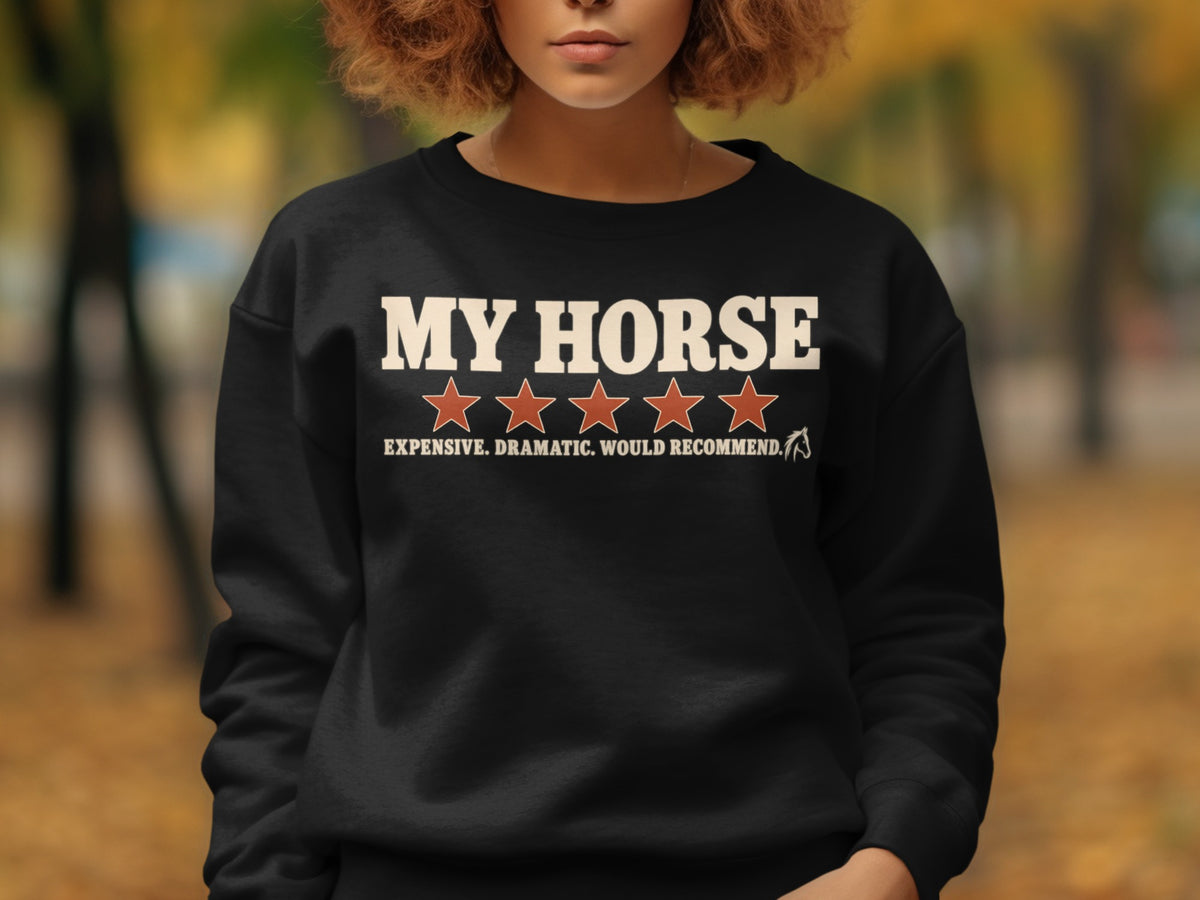 Black sweatshirt with "My Horse" and "Expensive. Dramatic. Would Recommend." text.