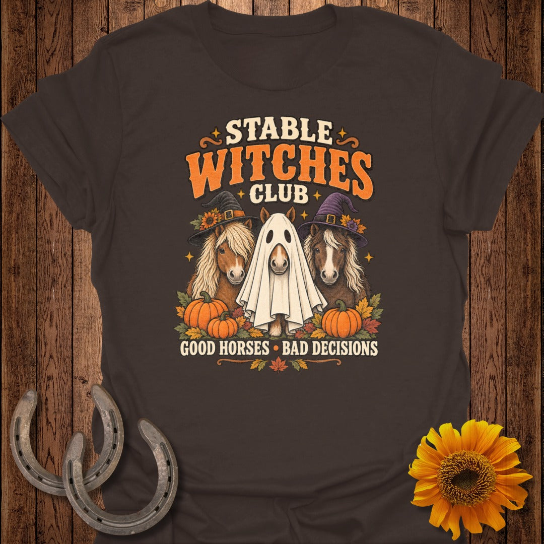 "Stable Witches Club" graphic with horses, pumpkins, and text "Good Horses Bad Decisions".