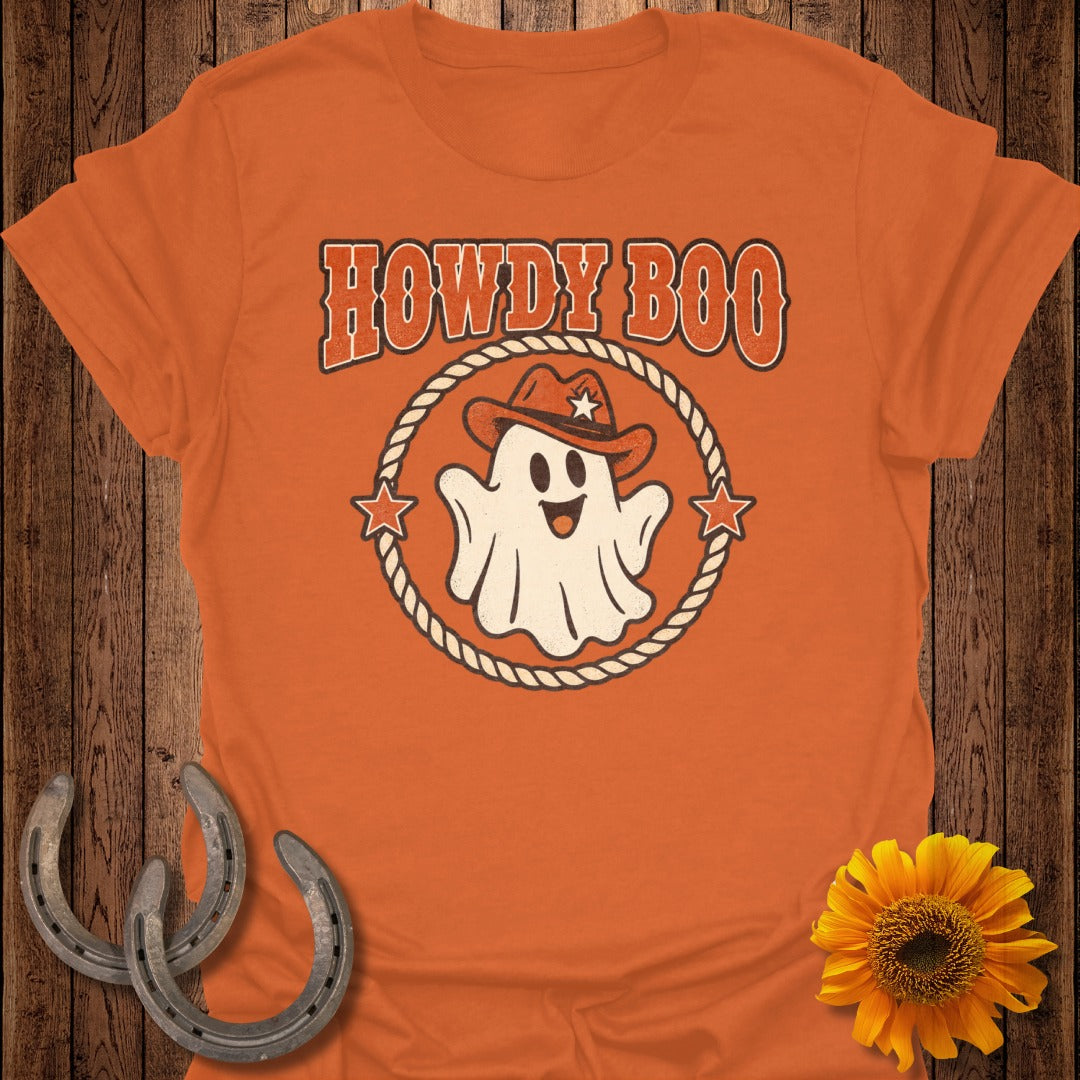 Orange t-shirt with "HOWDY BOO" text and a ghost wearing a cowboy hat.